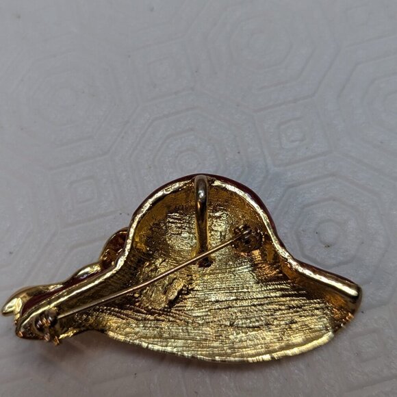 Vtg Red Hat Society Rhinestone Brooch Pin Pave Pendant Gold Tone Textured - Picture 4 of 5